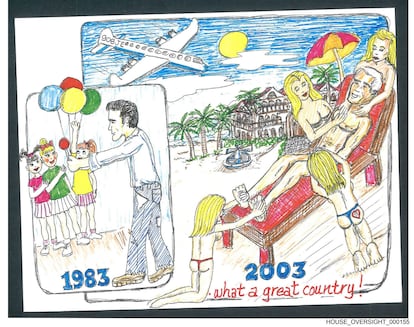 Ilustración que representa a Epstein con niñas a las que regala globos y que, pasados 20 años, le dan un masaje.