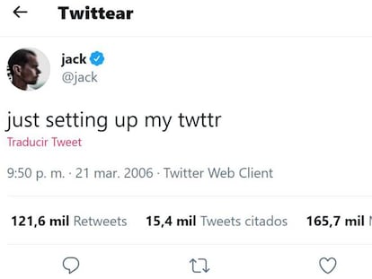 El primer tuit de la historia, publicado por Jack Dorsey.