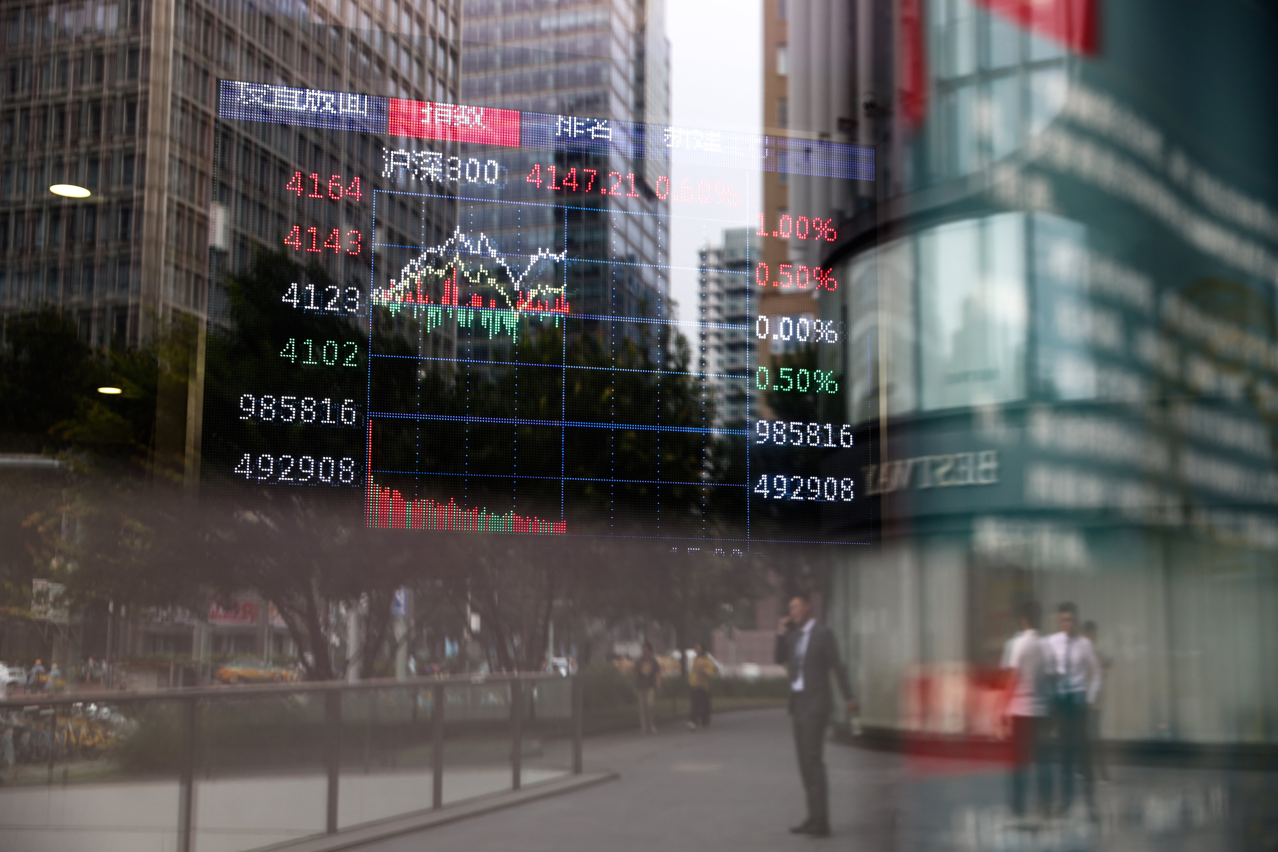 Una pantalla muestra datos económicos en Pekín, China.