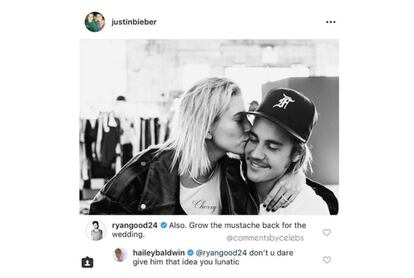 Mucho se ha hablado del incipiente bigote de Justin Bieber (Canada, 1994) y del reciente compromiso del cantante con la modelo Hailey Baldwin (EE.UU., 1996). Pero el productor de televisión Ryan Good (EE.UU., 1984) –una de las personas más cercanas al cantante, que también le asesora en cuestiones de estilo– ha ido un paso más allá para conectar ambas novedades, y le comenta a Bieber que se deje crecer el bigote de nuevo para la boda. A Baldwin, por lo visto, no acaba de convencerle el consejo: “No te atrevas a darle esa idea, lunático”.