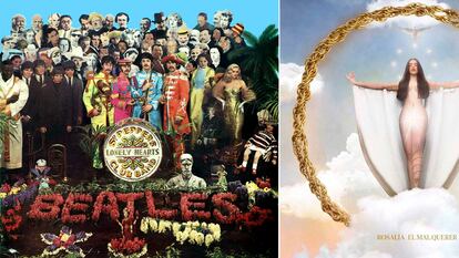 Portadas de los discos 'Sgt. Pepper's Lonely Hearts Club Band' (1967), de los Beatles, y 'El mal querer' (2018), de Rosalía.