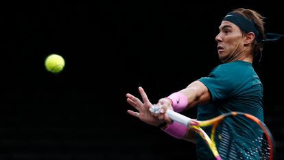 Paris (France), 04/11/2020.- Rafael Nadal of Spain in action during his second round match against Feliciano Lopez of Spain at the Rolex Paris Masters tennis tournament in Paris, France, 04 November 2020. (Tenis, Francia, España) EFE/EPA/YOAN VALAT