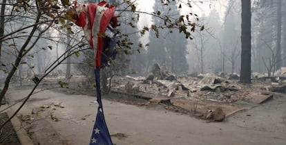 Una bandera de Estados Unidos cuelga de la rama de un árbol en una de las zonas incendiadas, en California.