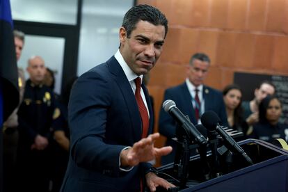 Francis Suarez speaks to the media on June 12, 2023, in Miami, Florida.