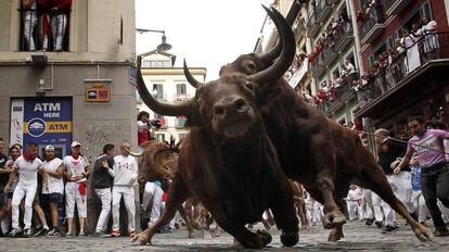 Dos toros de la ganadería de Jandilla durante el quinto encierro de los Sanfermines 2017.
