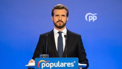 Pablo Casado, durante la rueda de prensa que ha ofrecido este jueves.