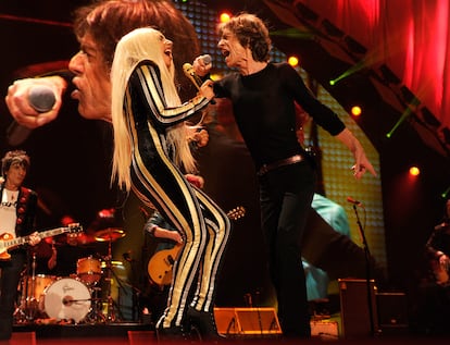 Lady Gaga and Mick Jagger at a Rolling Stones concert on December 15, 2012 in New Jersey.