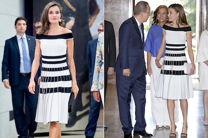 La Reina se ha atrevido con la tendencia de enseñar los hombros con este diseño bicolor de Carolina Herrera. Lo llevó durante la entrega de los Premios del comité español de Unicef  de este año y repitió un par de meses después.