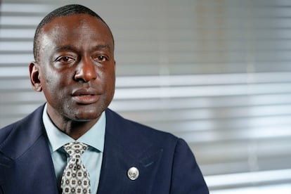 New York City Council candidate Yusef Salaam speaks during an interview with The Associated Press, Wednesday, May 24, 2023, in New York.