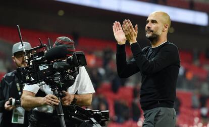 Guardiola celebra la victoria ante el Tottenham, el sábado.