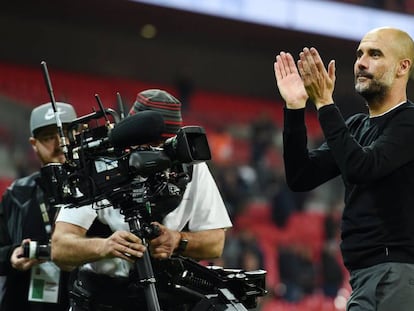 Guardiola celebra la victoria ante el Tottenham, el sábado.