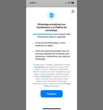 Primer aviso de cambios en WhatsApp en enero de 2021.