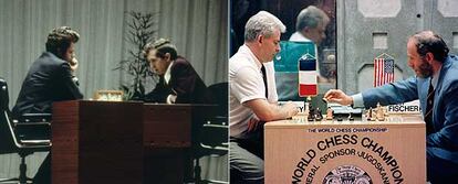 A la izquierda, Borís Spassky y Bobby Fischer durante su duelo en Islandia en 1972 por el título mundial. A la derecha, ambos en el de Yugoslavia, la revancha, en 1992.
/ ap