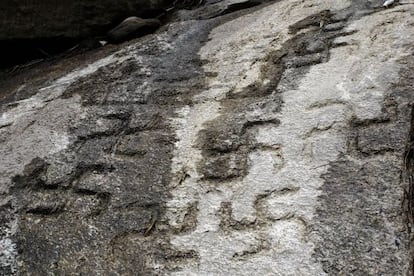 Roca tallada con esvásticas que apareció hace diez días tras producirse un desplome de tierras junto al arrollo Xesteiras en Marín.
