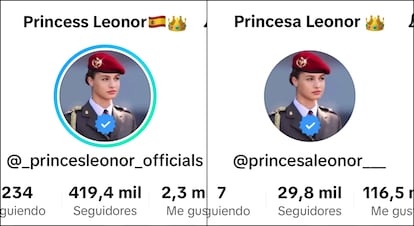 Diferentes perfiles falsos de Leonor en TikTok que se hacen pasar por verdaderos añadiendo un 'Check Azul'. Una de ellas, con más de 400.000 seguidores