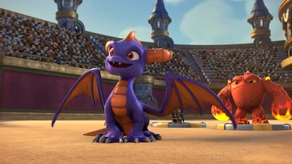 Spyro (izquierda, doblado en la versión original por Justin Long) y Eruptor (Jonathan Banks) en los Juegos Skylander. 
