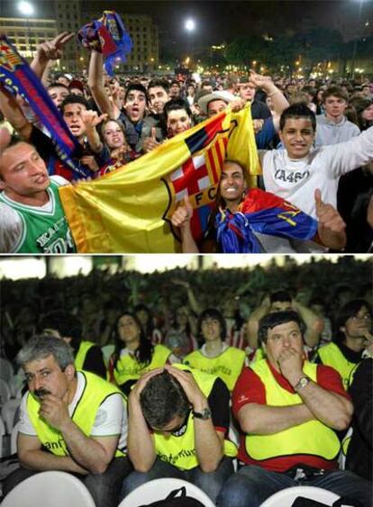 Arriba, seguidores azulgrana siguen el partido en la plaza de Catalunya, en Barcelona. Abajo, hinchas del Athletic, abatidos tras recibir su equipo uno de los goles.