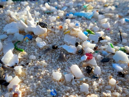 Pequenos fragmentos de plástico, dispersos entre na da praia.