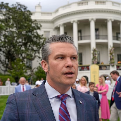 Defense Secretary Pete Hegseth speaks on the South Lawn of the White House before President Donald Trump and first lady Melania Trump participate in the White House Easter Egg Roll Monday, April 21, 2025, in Washington. (AP Photo/Alex Brandon)