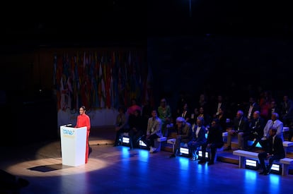 Meghan Markle, en Mánchester, el 5 de septiembre de 2022, durante su discurso en la One Young World Summit, en Bridgewater Hall.