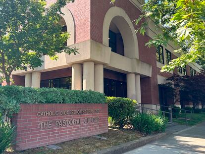 The offices of the Roman Catholic Diocese of Sacramento are seen in Sacramento, Calif., Monday, June 5, 2023. Sixteen migrants from Venezuela and Colombia were brought to the diocese's offices on Friday, June 2, 2023, after being flown from Texas to Sacramento.