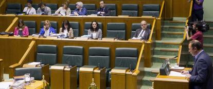 El parlamentario de EA, Juanjo Agirrezabala, en la tribuna de la Cámara en un momento del pleno de hoy. Al fondo, los escaños del PNV.