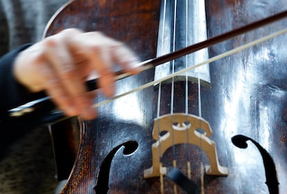 A close-up of Sheku Kanneh-Mason’s cello, built by the luthier Matteo Goffriller in 1700. 