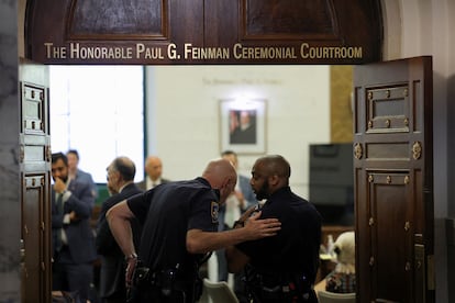 A view of the courtroom before the start of the trial on Monday in New York. 