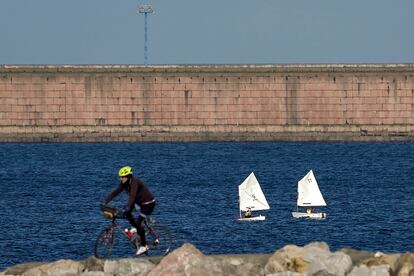 Veleros junto a un ciclista en la playa de Poniente con el puerto al fondo el pasado sábado 14 de diciembre.