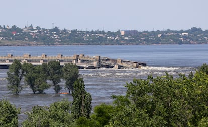 A view shows the Nova Kakhovka dam in the Kherson region after it was breached, June 6, 2023. 