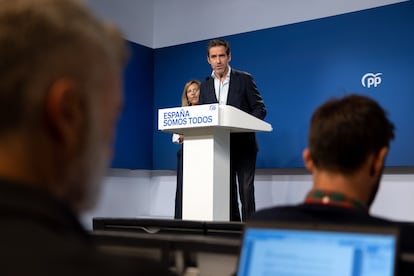 El portavox del PP, Borja Sémper, este lunes durante la rueda de prensa.