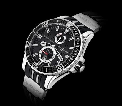 El Marine Diver Hispania de Ulysse Nardin está equipado con calibre automático y reserva de marcha de 42 horas. Como deja entrever su nombre, se mueve como pez en el agua en las profundidades (sumergible hasta los 300 metros). De carga automática, implementa un segundero pequeño y fecha a las 6 h. Caja de 44 mm. Precio: 8.570 euros.