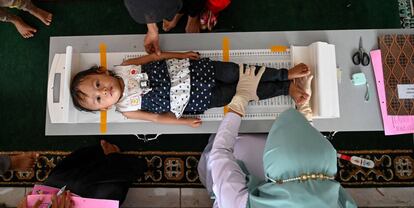 Miembros de un equipo sanitario miden la altura de una niña pequeña durante un chequeo médico masivo en un puesto de Banda Aceh, Indonesia.