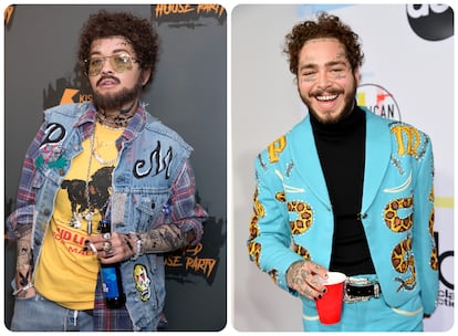 La cantante Rita Ora (derecha) caracterizada como el rapero Post Malone en 2018.