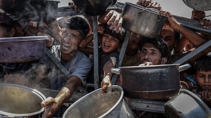 Palestinos, incluidos niños, intentar recibir alimentos en la ciudad de Gaza, este martes 22 de julio.