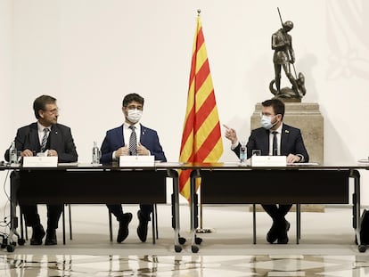 El presidente de la Generalitat, Pere Aragonés, en la primera reunión del Pacto Nacional por la Lengua.