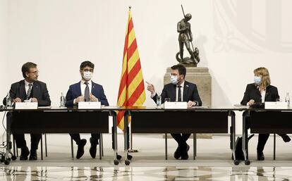 El presidente de la Generalitat, Pere Aragonés, en la primera reunión del Pacto Nacional por la Lengua.