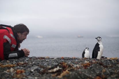 Javier Bardem frente a unos pingüinos durante la expedición, el 23 de enero de 2018.