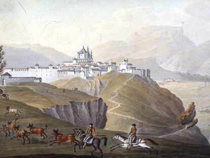 Acuarela del siglo de XIX de Thomas Stauton que muestra unos garrochistas a las afueras de Ronda.