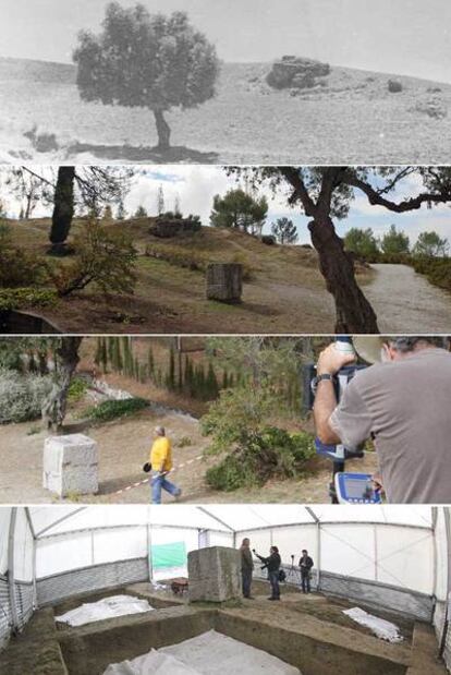 CRÓNICA DE UNA FOSA INEXISTENTE. Siete décadas en imágenes del sitio de Alfacar donde se creía que estaban los restos de García Lorca, asesinado el 19 de agosto de 1936. Desde arriba, aspecto del lugar en la época; el olivo poco antes de comenzar los trabajos; labores preparatorias de la excavación; y la fotografía del día en que la Junta comunicó, hoy hace un año, que no existía una fosa allí.