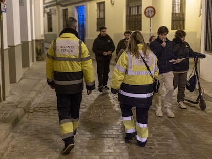 Una pareja de serenos pasea por las calles del centro de Sevilla.