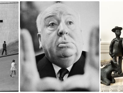De izquierda a derecha, una foto de la exposición de Masats, el director de cine Alfred Hitchcock y un belén expuesto en la Casa de México