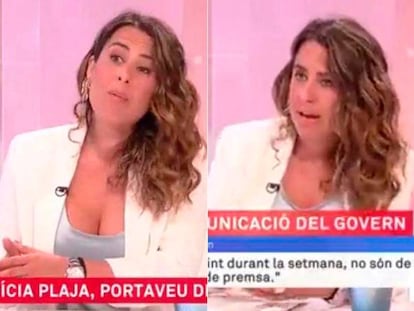 La portavoz del Gobierno catalán, Patrícia Plaja, antes y después de que le tapasen el escote en TV-3.