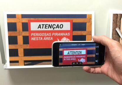 O aplicativo Word Lens permite traduzir cartazes diretamente na tela.