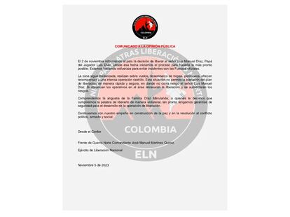 Comunicado del ELN del 5 de noviembre de 2023.