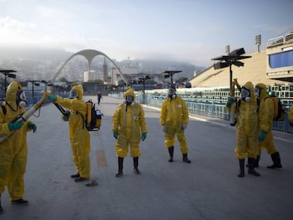 Fumigation against the mosquito that carries Zika at the sambadrome in Rio in January.