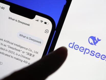 The logo of DeepSeek is displayed alongside its AI assistant app on a mobile phone, in this illustration picture taken January 28, 2025. REUTERS/Florence Lo/Illustration