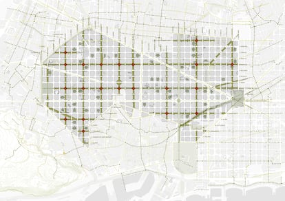 Plan, a una década vista, para convertir el Eixample de Barcelona en una gran supermanzana formada por calles pacificadas.