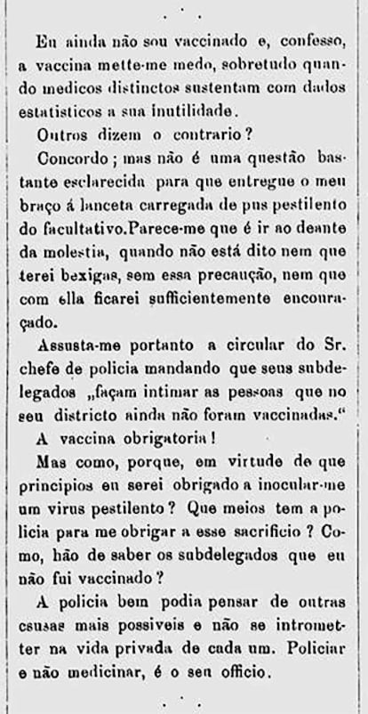 Artigo publicado na Revista Ilustrada em 1881 contra a vacinação obrigatória.