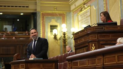 Intervención de Santiago Abascal, líder de Vox, amonestado por la presidenta del Congreso, Francina Armengol.